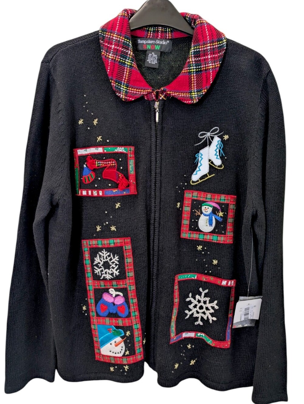 NEW Hampshire Studio Christmas Sweater XL Ramie Full Zip Snowman Plaid Tartan - Picture 8 of 8